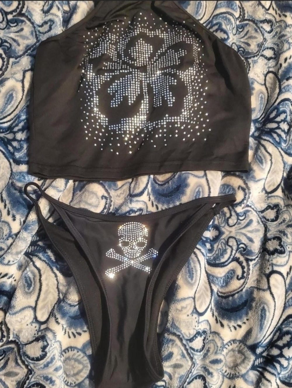 Black Rhinestone Bikini Set with Skull & Hibiscus